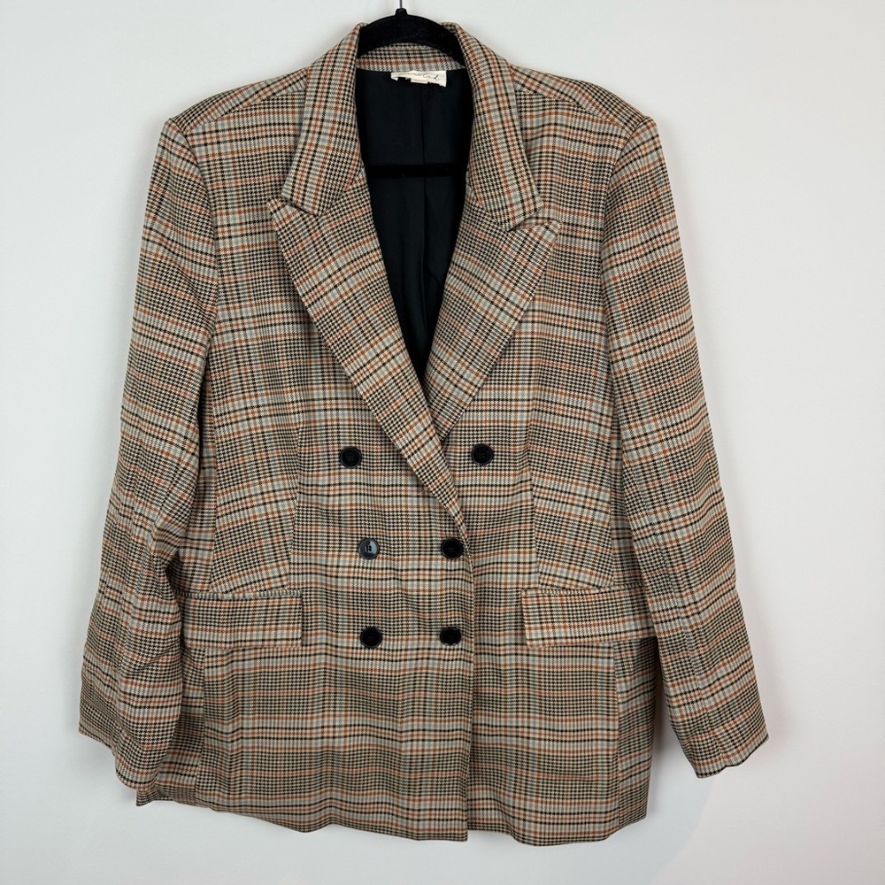 Marled Plaid Houndstooth Oversized Double Breasted Longline Blazer Sz XL